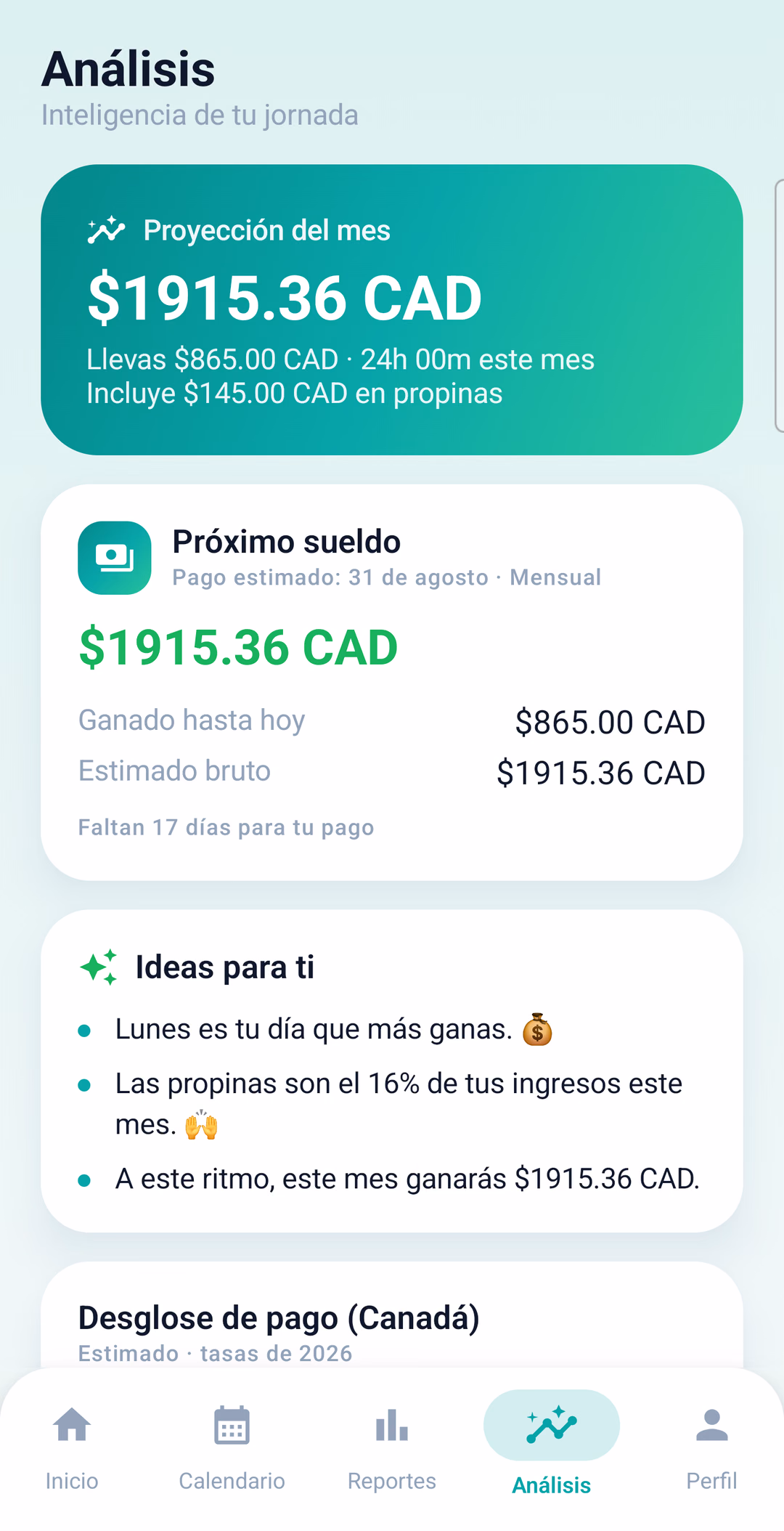 Pantalla de análisis de JornadaPro con la proyección de ingresos del mes y consejos personalizados.