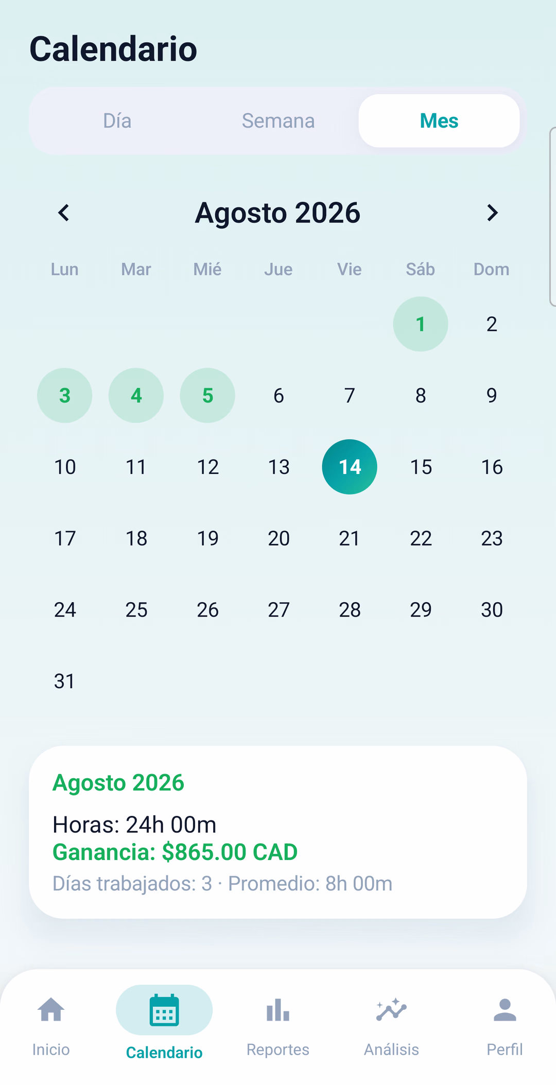 Calendario mensual de JornadaPro con los días trabajados marcados y el resumen de horas y ganancia del mes.
